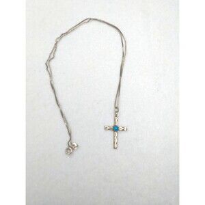 .925 Sterling Silver 20" Silver Cross Turquoise Stone Italy Vintage Necklace 4g